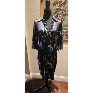 Express Design Studio Black & Blue Abstract Print Silk Blend Dress Medium W/ Ruf